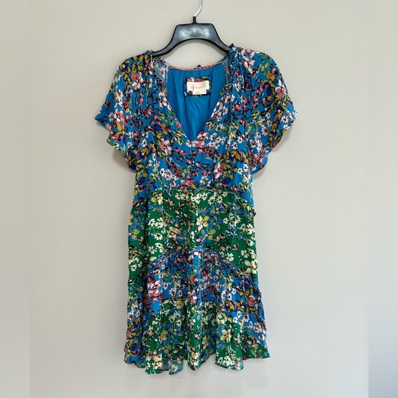 Anthropologie Robin Blue and Green Tiered Floral Mini Dress, size XS - Picture 2 of 8